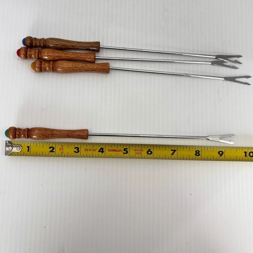 Set of 4 Vintage Stainless Steel Wood Handled Color Coded Fondue Forks Japan